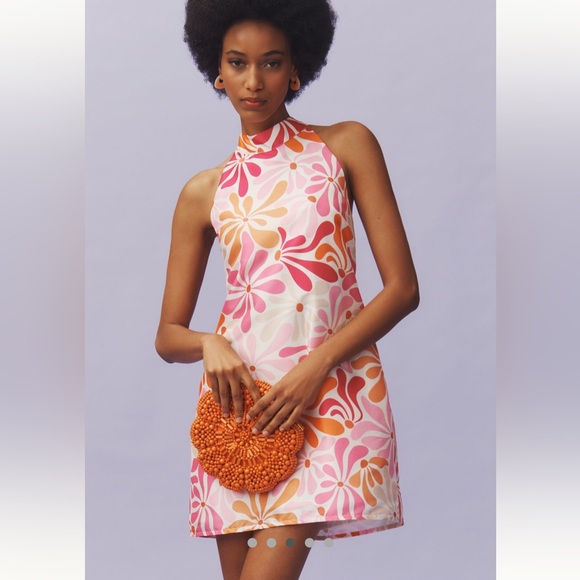 NWT Hutch Jones Halter Mini Dress |Anthropologie Power Flower Pink Large - Picture 1 of 14